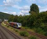 GTW 2/6 der Hallertalbahn auf gleichnamentlicher Strecke, hier am 17.08.2011 in Herdorf, er kommt aus Richtung Dillenburg.