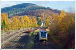 Ein Stadler GTW 2/6 der Hellertalbahn als RB 96 Neunkirchen-Herdorf-Betzdorf erreicht gleich (11.11.2013) dem Bahnhof Herdorf.