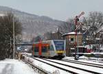   Der VT 118  Stadler GTW 2/6 der Hellertalbahn f�hrt am 03.02.2015 als RB 96  Hellertal-Bahn  (Betzdorf-Herdorf-Haiger-Dillenburg) von Herdorf weiter in Richtung Neunkirchen.