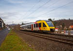 Der VT 252 (95 80 0648 152-6 D-HEB / 95 80 0648 652-5 D-HEB), ein Alstom Coradia LINT 41 der HLB (Hessische Landesbahn), ex Vectus VT 252, fährt am 22.02.2023, als RB 93  Rothaarbahn  (Betzdorf -