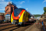 Der nagelneue ET 144 (1440 144 / 1441 144 / 1441 644 / 1440 644) ein vierteiliger Alstom Coradia Continental (neuer Kopf) der HLB (Hessische Landesbahn GmbH) ausgestellt am 17.09.2023 beim KSW Bahnhof