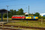 Die 212 047-5 (92 80 1212 047-5 D-MONTI) der Monti GmbH aus Merchweiler/Saar und die 218 435-6 (92 80 1218 435-6 D-DB) der DB Gebrauchtzug stehen am 01 Juli 2025 beim Hbf Homburg (Saar).