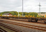   Langschienenwagen 282 aufbauend auf einen 4-achsigen Drehgestellwagen der Gattung Skks, 33 80 4662 081-5 D-LOG als Mittelwagen zur Langschienentransporteinheit TE 342 der Bauart Robel der Vossloh