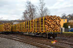 Drehgestell-Flachwagen mit vier Rads�tzen und Niederbindeeinrichtung, 81 80 4723 154-8 D-TWA, der Gattung Snps, der TRANSWAGGON GmbH, beladen mit Fichten-Rundholz abgestellt am 30.12.2020 in