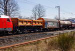 Zweimuldiger vierachsiger Drehgestell-Schüttgutkippwagen mit elektrohydraulischer Betätigung, 33 53 6770 130-7 RO-DBSR, der Gattung Fans 128, der Deutsche Bahn Cargo Romania SRL (ex DB
