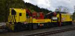 Fahrleitungsturmwagen RhB Xmf 6/8 92020 abgestellt im Bahnhof Klosters Platz am 14.05.2014.
