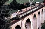 GBS ABDe 4/8 Nr.753 und je einem teuerwagen vorn und hinten auf dem Kanderviadukt an 07.09.1980.