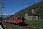 Die SBB Re 420 342-8 und eine Re 6/6 fahren in Giornico mit einem Güterzug Richtung Süden.