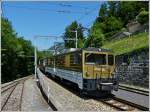 Von unten sah die MOB GDe 4/4 6005 im Keksdosen Look so aus, als sie am 27.05.2012 mit dem Goldenpass Classic in den Bahnhof von Chamby einfuhr.