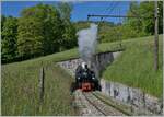 Die G 2x 2/2 105 der Blonay-Chamby Bahn hat die Baye de Clarens Schlucht und den kurzen Tunnel hinter sich gelassen und dampft nun Chamby entgegen.