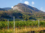 Ein Zugsuchbild, ein Blick aus dem tpc ASD Regionalzug (R 24) Diablerets nach Aigle am 08 September 2023 durch die Weinberge auf die tpc AL (Aigle–Leysin) Strecke oberhalb von Aigle, da taucht