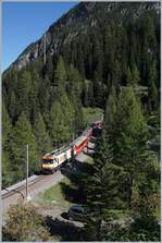 Nahe Preda, nach der Fahrt durch den obersten Kehrtunnel zeigt sich diese RhB Ge 4/4 III mit einem Albulaschnellzug Richtung Chur.