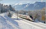   Der SBB RABe 503 022-7  Johann Wolfang von Goethe  und, zu meinem Leidwesen, ein weiterer RABe 503 als EC 32 auf dem Weg von Milano nach Gen�ve kurz nach Villeneuve.