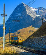 Geführt vom sechsachsigen Gelenksteuerwagen Bt 252 erreicht der WAB – Wengernalpbahn Zug von Grindelwald kommend am 02.10.2011 die Kleine Scheidegg.