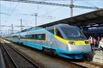 CD Pendolino 681 003-0 steht beim Bahnhofsfest in Česk� Budějovice(Budweis)am Bahnsteig zum Besichtigen bereit.